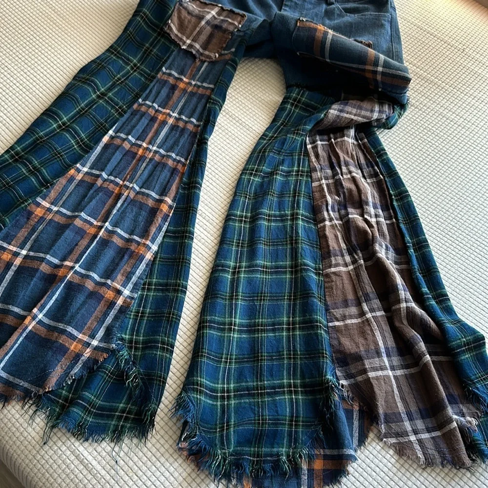 Dolls Kill Blue Plaid Patchwork Flare Pants - Picture 7 of 12